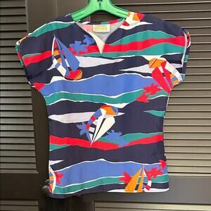 Vintage Mistique Vibrant Sailboat Print Top, Size 10